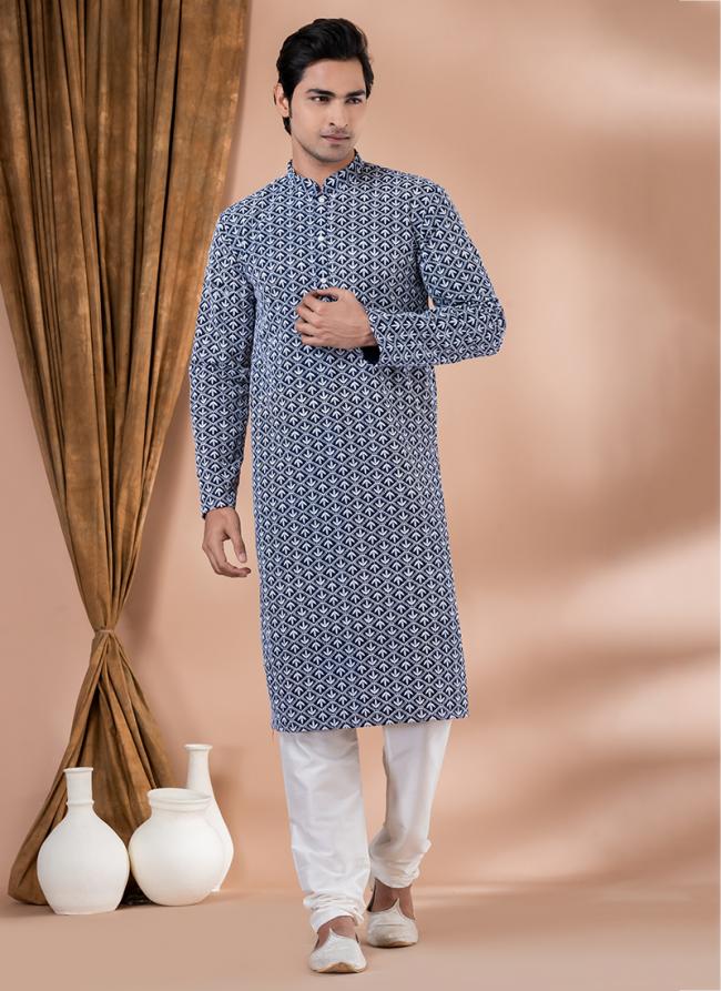 Cotton Navy Blue Festival Wear Embroidery Work Kurta Pajama